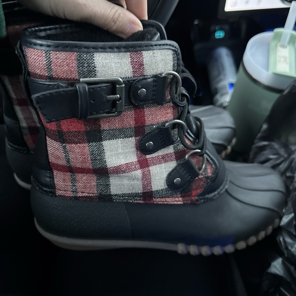BareTraps Black and Red Plaid Winter Boots